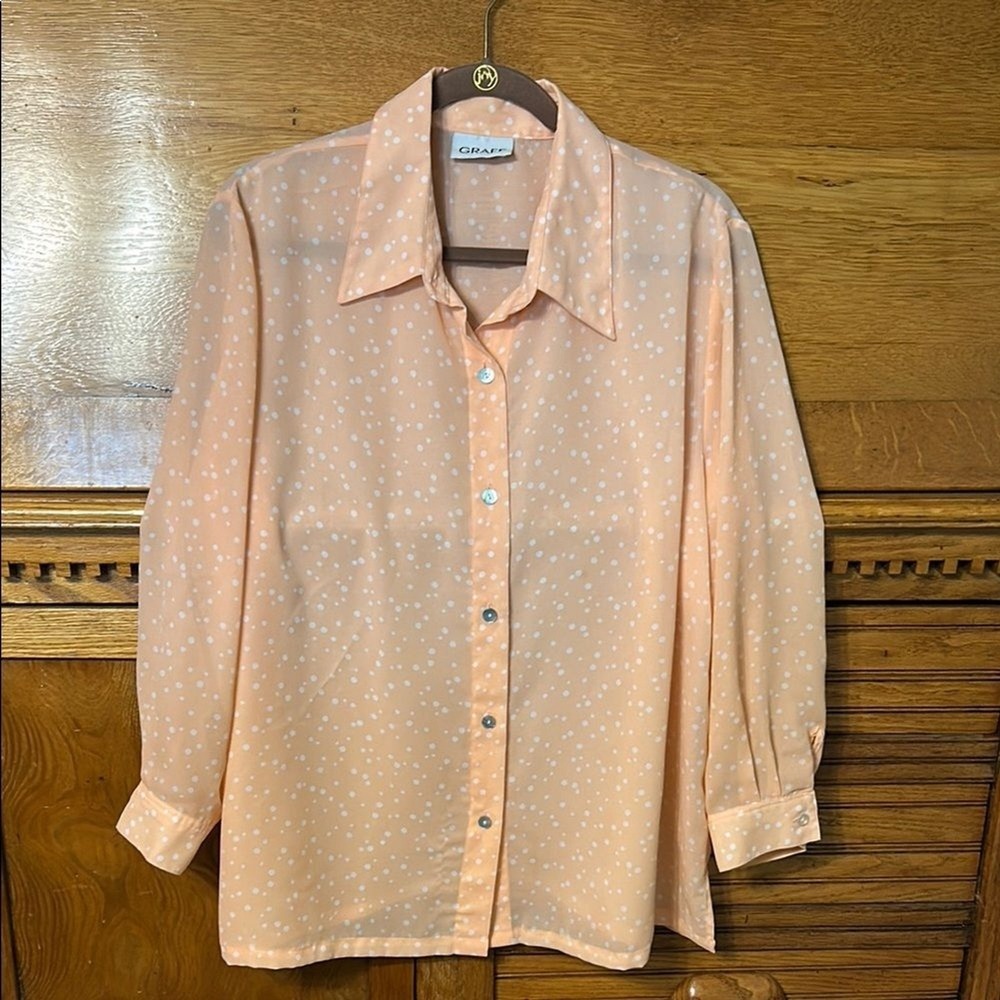 Graff Womens Peach Polka Dot Button Down Blouse Long Sleeve Sheer Top Size XL‎